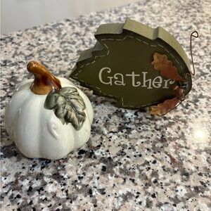 Fall Decor, Thanksgiving, Ceramic Pumpkin and Leaf Decor Set, green, tiered tray